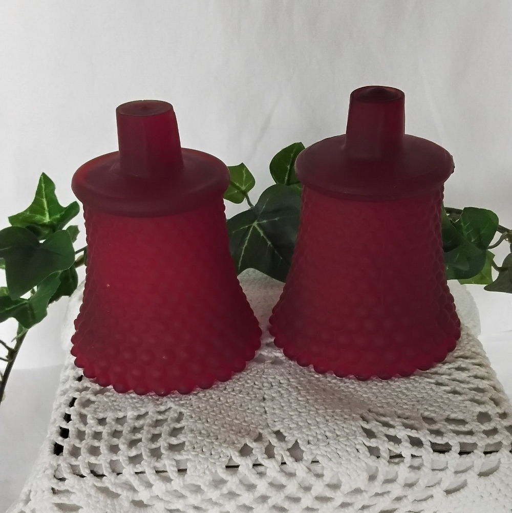 Vtg Frosted Ruby Red Hobnail Peg Votive Glass Candle Holder - Set of 2